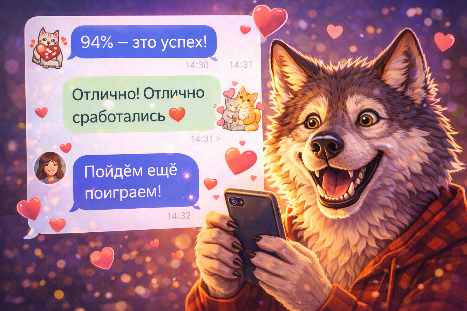 Мемный Волк обсуждает результаты калькулятора любви